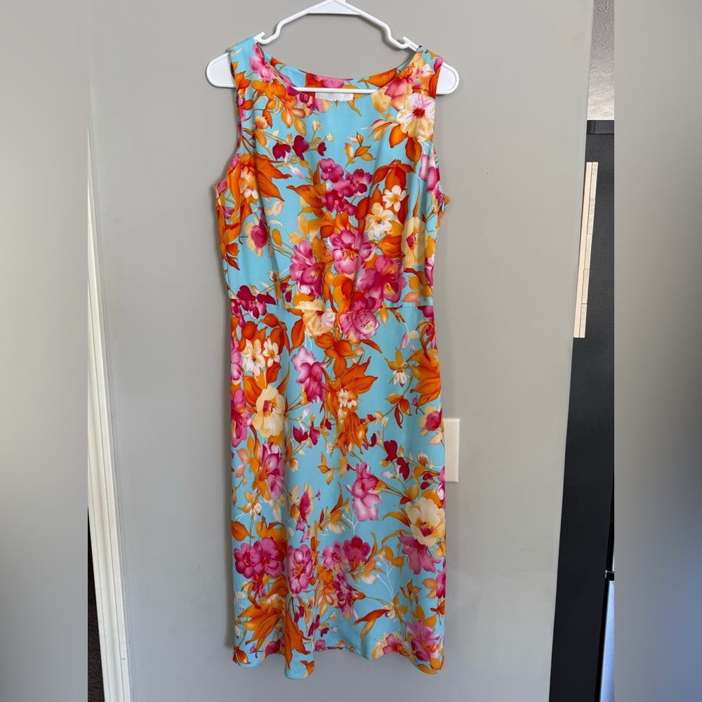 Danny & Nicole Blue Floral Sleeveless Midi Dress with Pink & Orange Blooms